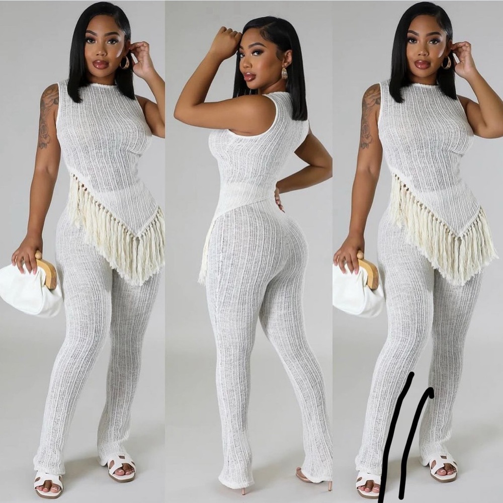 Cream Knit Two Piece Set – Fringe Top & Pants Lounge Outfit